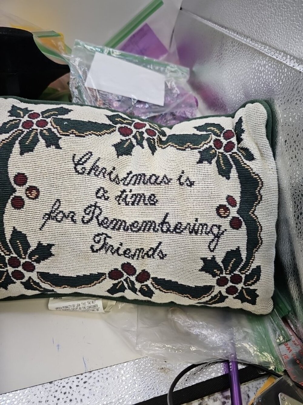 Pillow Tapestry Green 12" X 9" Christmas Holiday Bolster
